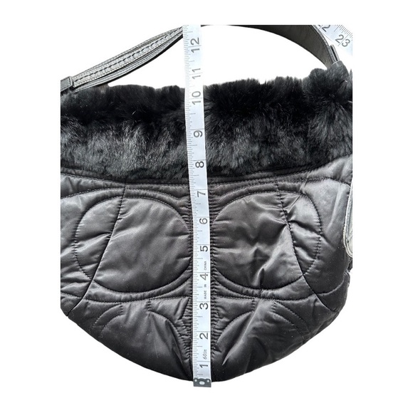 Coach Signature Satin Quilted Rabbit Fur Trimmed Hobo Handbag Black - Picture 13 of 16